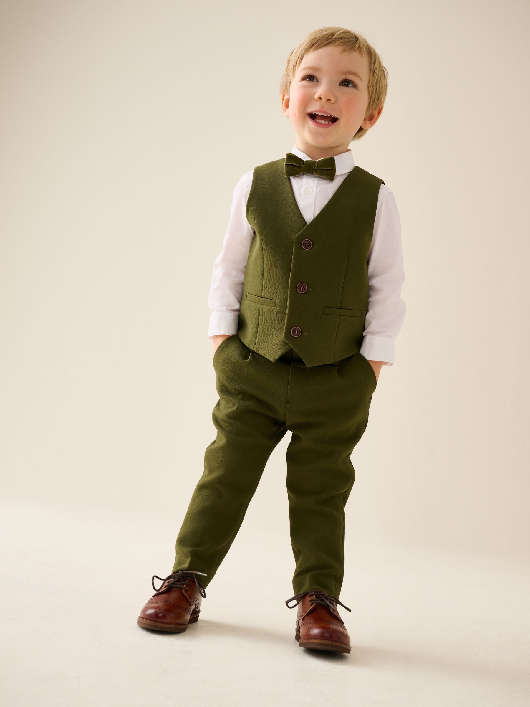 Dsiney Kidz - Olive Green Waistcoat Shirt Trousers & Bow Tie Set (3mths-9yrs) image 1