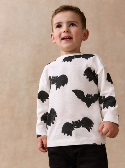 Dsiney Kidz - White/Black Halloween Bat All Over Print Long Sleeve Back Graphic T-Shirt (3mths-7yrs) image 1