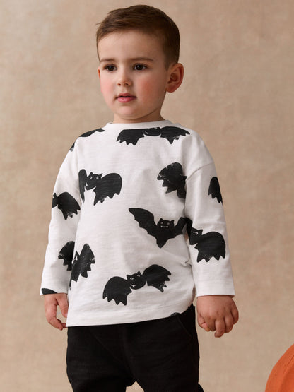 Dsiney Kidz - White/Black Halloween Bat All Over Print Long Sleeve Back Graphic T-Shirt (3mths-7yrs) image 2