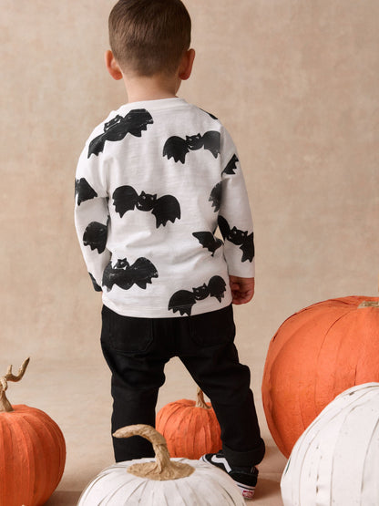Dsiney Kidz - White/Black Halloween Bat All Over Print Long Sleeve Back Graphic T-Shirt (3mths-7yrs) image 3