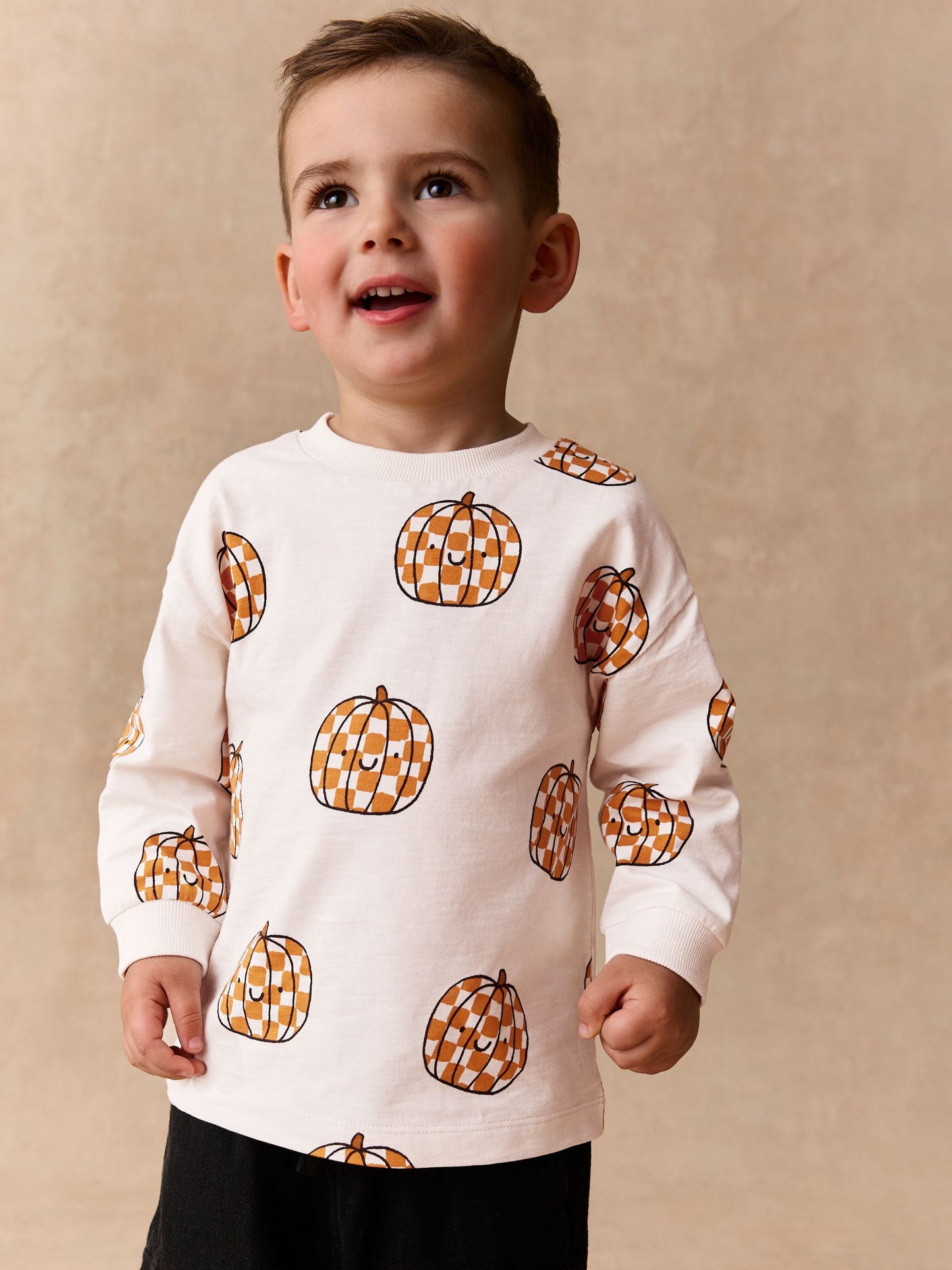 Dsiney Kidz - Cream Halloween Checkerboard Pumpkin Long Sleeve Back Graphic T-Shirt (3mths-7yrs) image 1