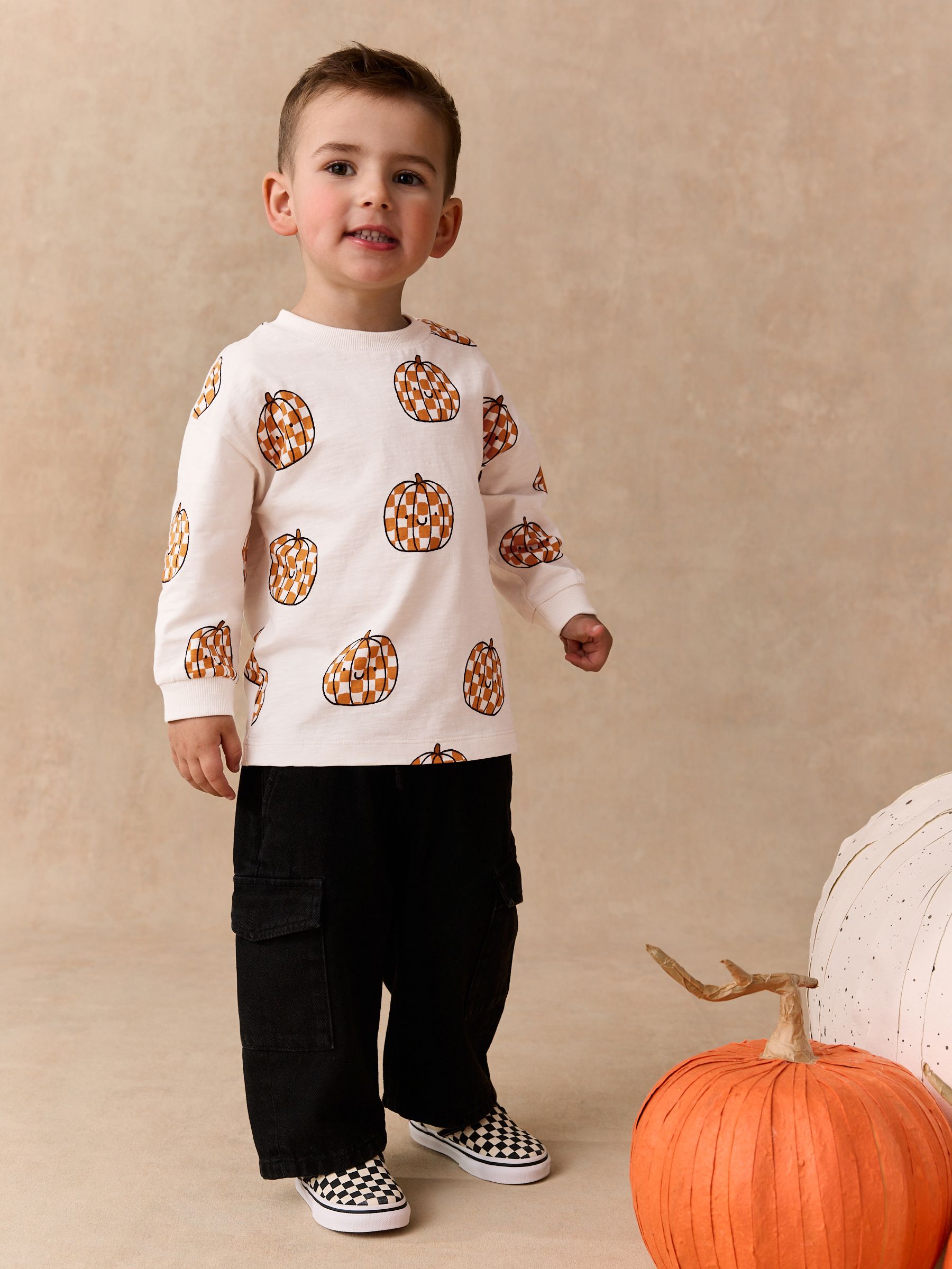 Dsiney Kidz - Cream Halloween Checkerboard Pumpkin Long Sleeve Back Graphic T-Shirt (3mths-7yrs) image 2