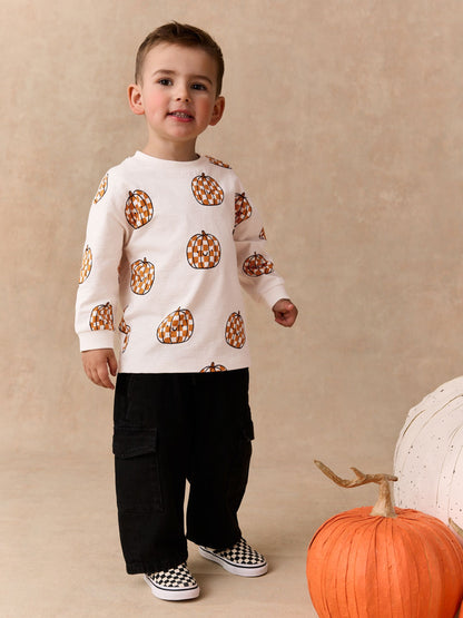 Dsiney Kidz - Cream Halloween Checkerboard Pumpkin Long Sleeve Back Graphic T-Shirt (3mths-7yrs) image 2