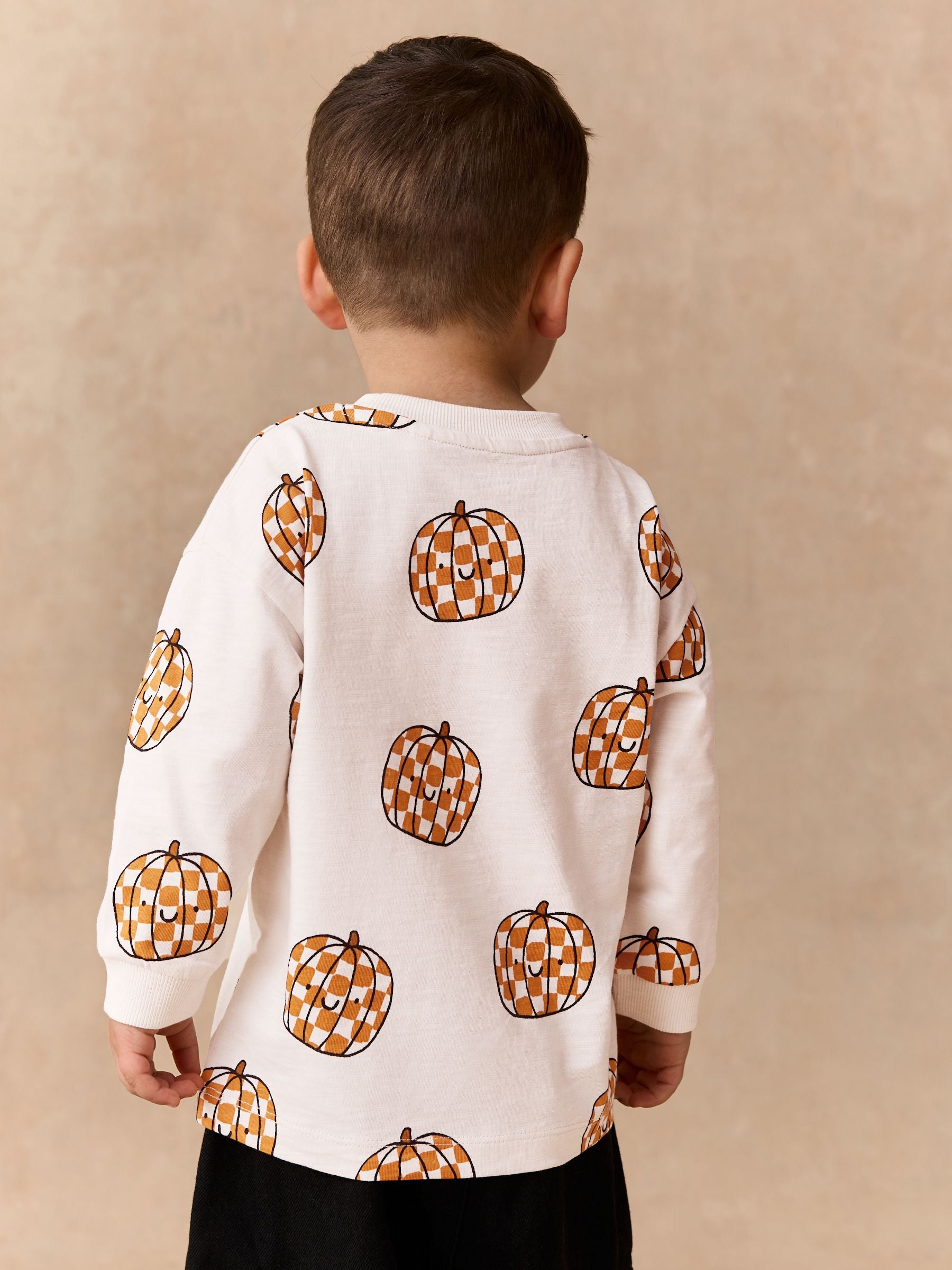 Dsiney Kidz - Cream Halloween Checkerboard Pumpkin Long Sleeve Back Graphic T-Shirt (3mths-7yrs) image 3