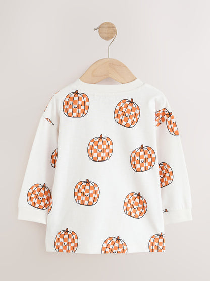 Dsiney Kidz - Cream Halloween Checkerboard Pumpkin Long Sleeve Back Graphic T-Shirt (3mths-7yrs) image 6