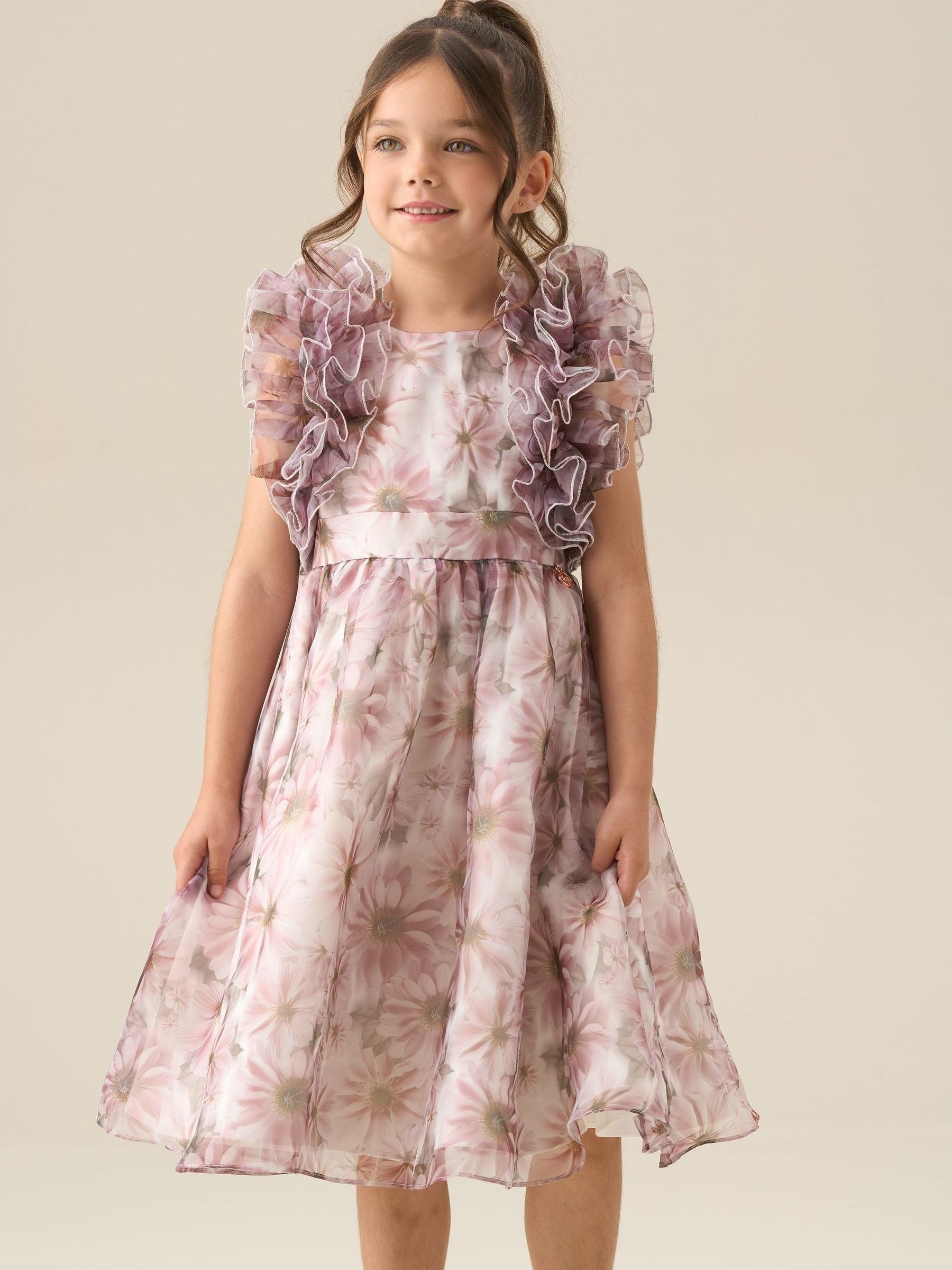 Angel & Rocket Pink Flora Ruffle Sleeve Organza Print Dress image 6