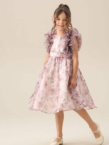 Angel & Rocket Pink Flora Ruffle Sleeve Organza Print Dress image 7
