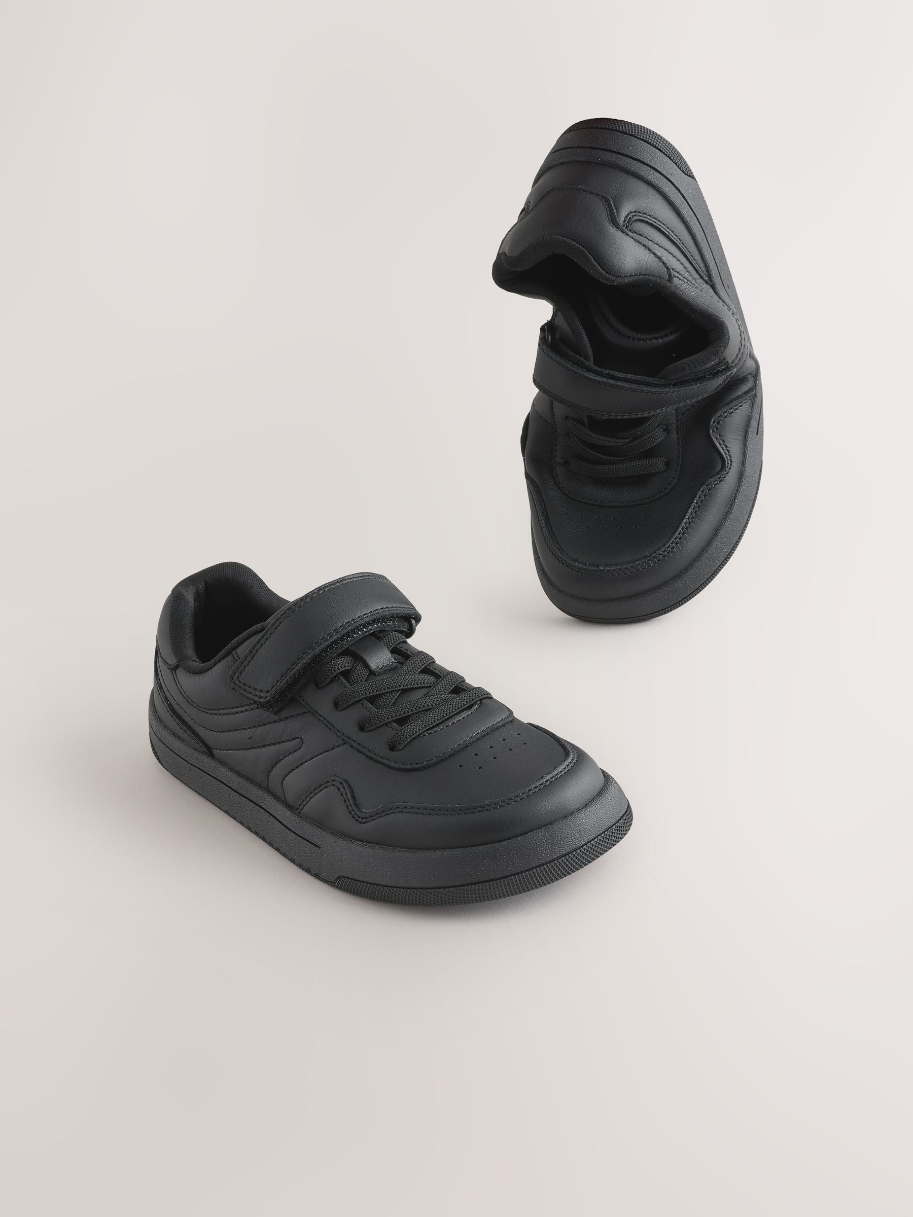 Black Standard Fit (F) Leather Barefoot Touch Fastening Elastic Lace School Shoes image 1