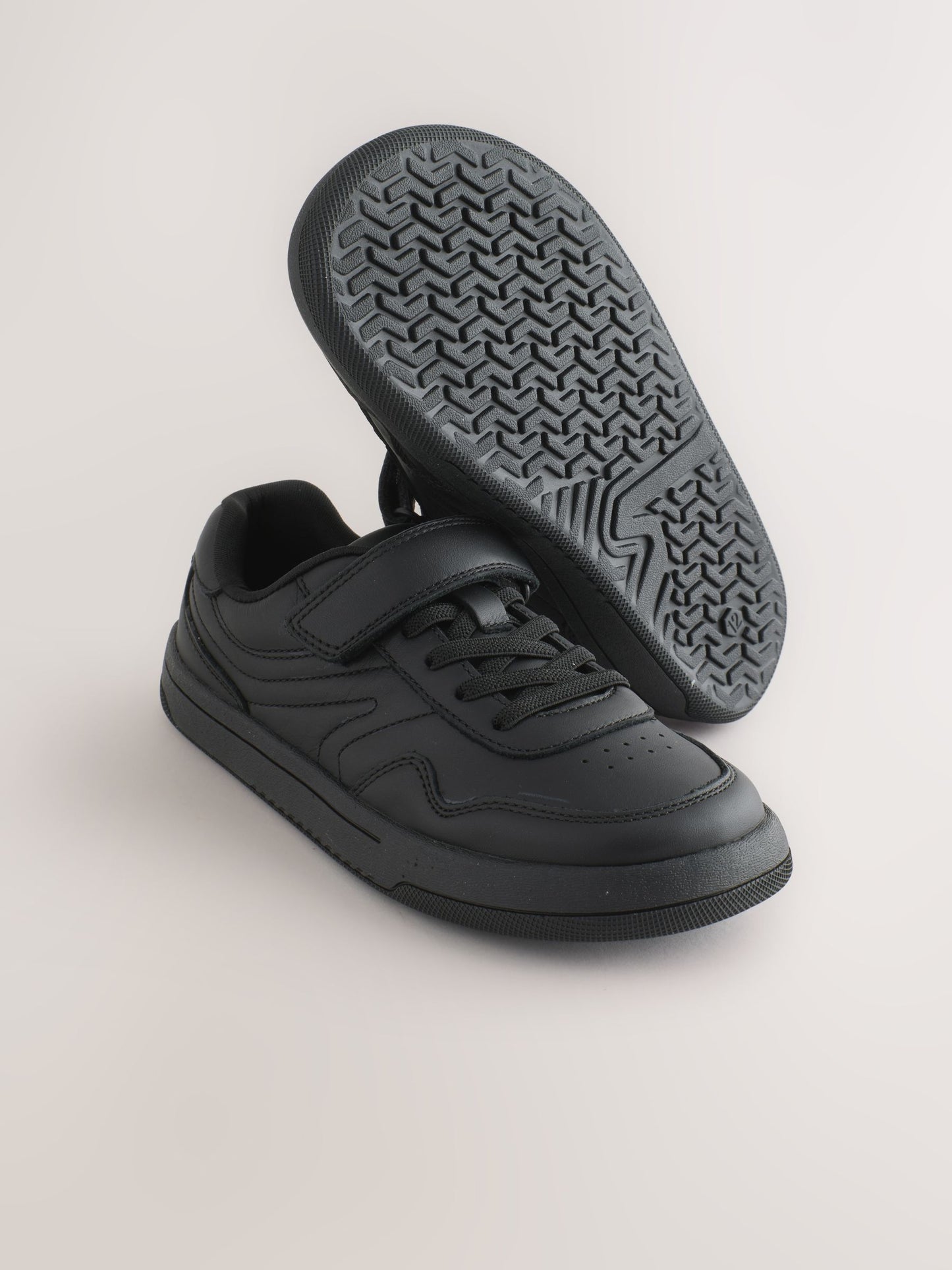 Black Standard Fit (F) Leather Barefoot Touch Fastening Elastic Lace School Shoes image 3