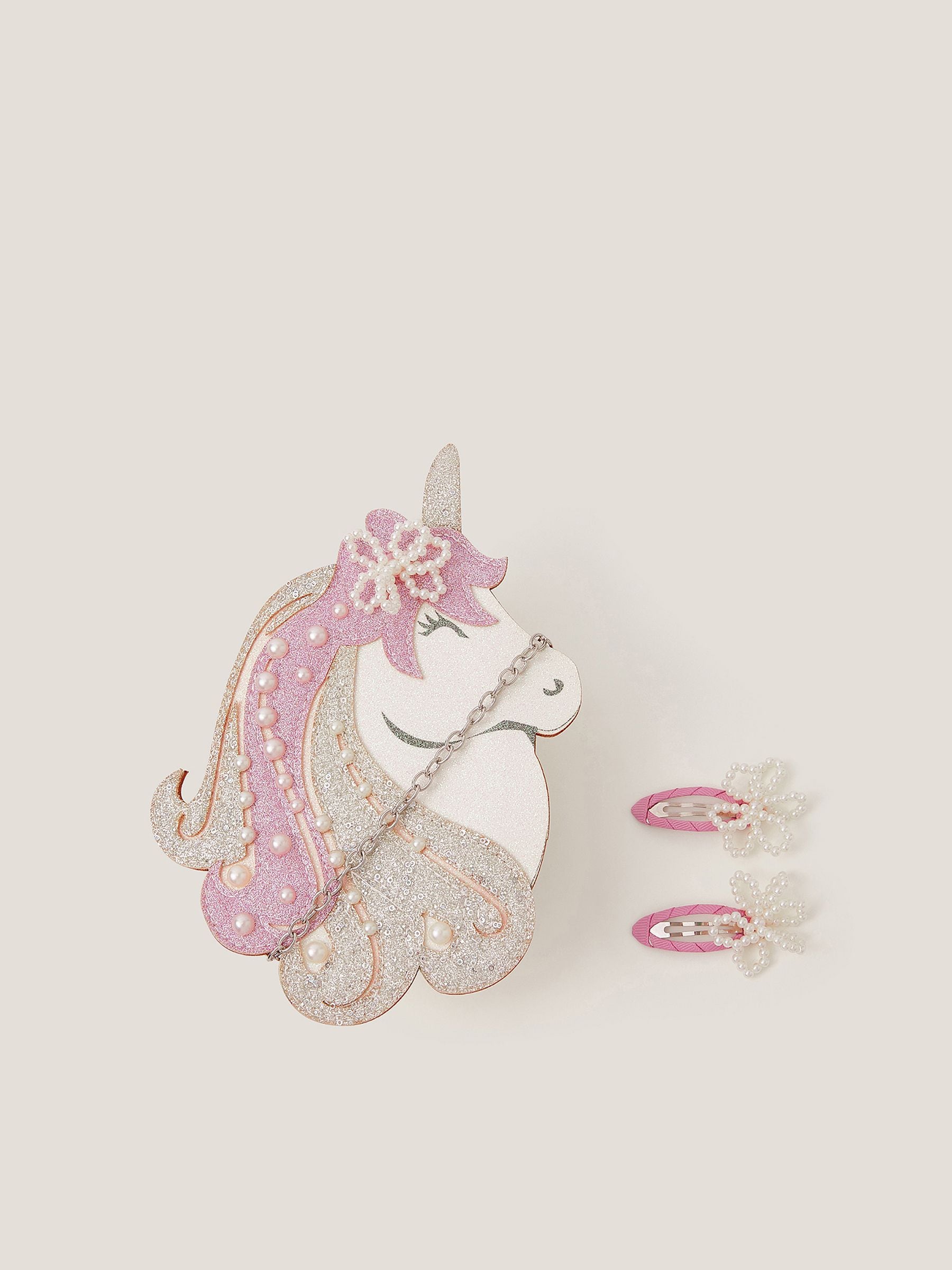 Monsoon White Glitter Unicorn Bag & Pearly Hair Clips Set image 1