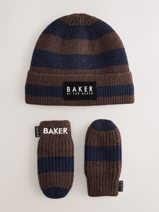 Dsiney Kidz - Baker by Ted Baker Blue/Chocolate Brown Stripe Beanie and Mittens Set image 1