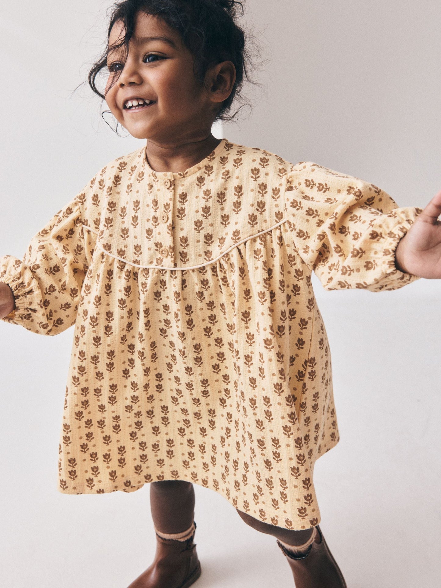 Dsiney Kidz - Neutral Floral Long Puff Sleeve Dress (3mths-7yrs) image 1