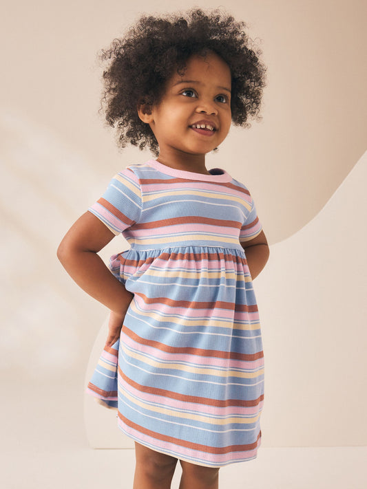 Dsiney Kidz - Blue Pink Stripe Short Sleeve Ribbed Dress (3mths-7yrs) image 2