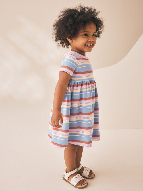 Dsiney Kidz - Blue Pink Stripe Short Sleeve Ribbed Dress (3mths-7yrs) image 1