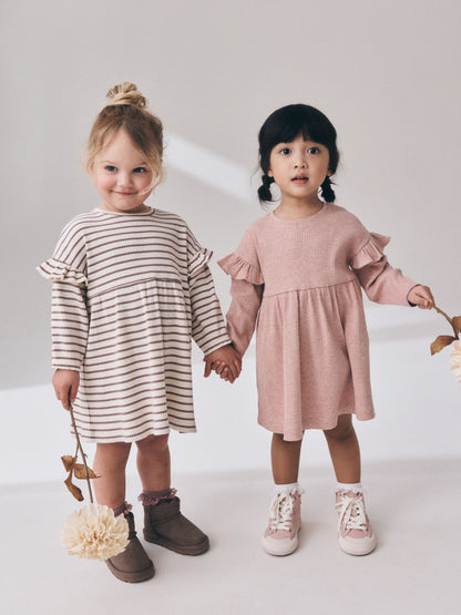 Dsiney Kidz - Neutral Stripe/Pale Pink Long Sleeve Frill Sleeve Ribbed Dresses 2 Pack (3mths-7yrs) image 1