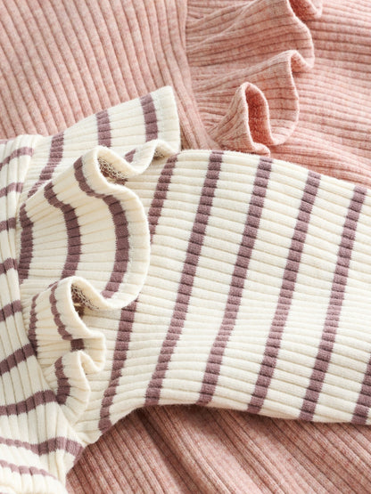 Dsiney Kidz - Neutral Stripe/Pale Pink Long Sleeve Frill Sleeve Ribbed Dresses 2 Pack (3mths-7yrs) image 10