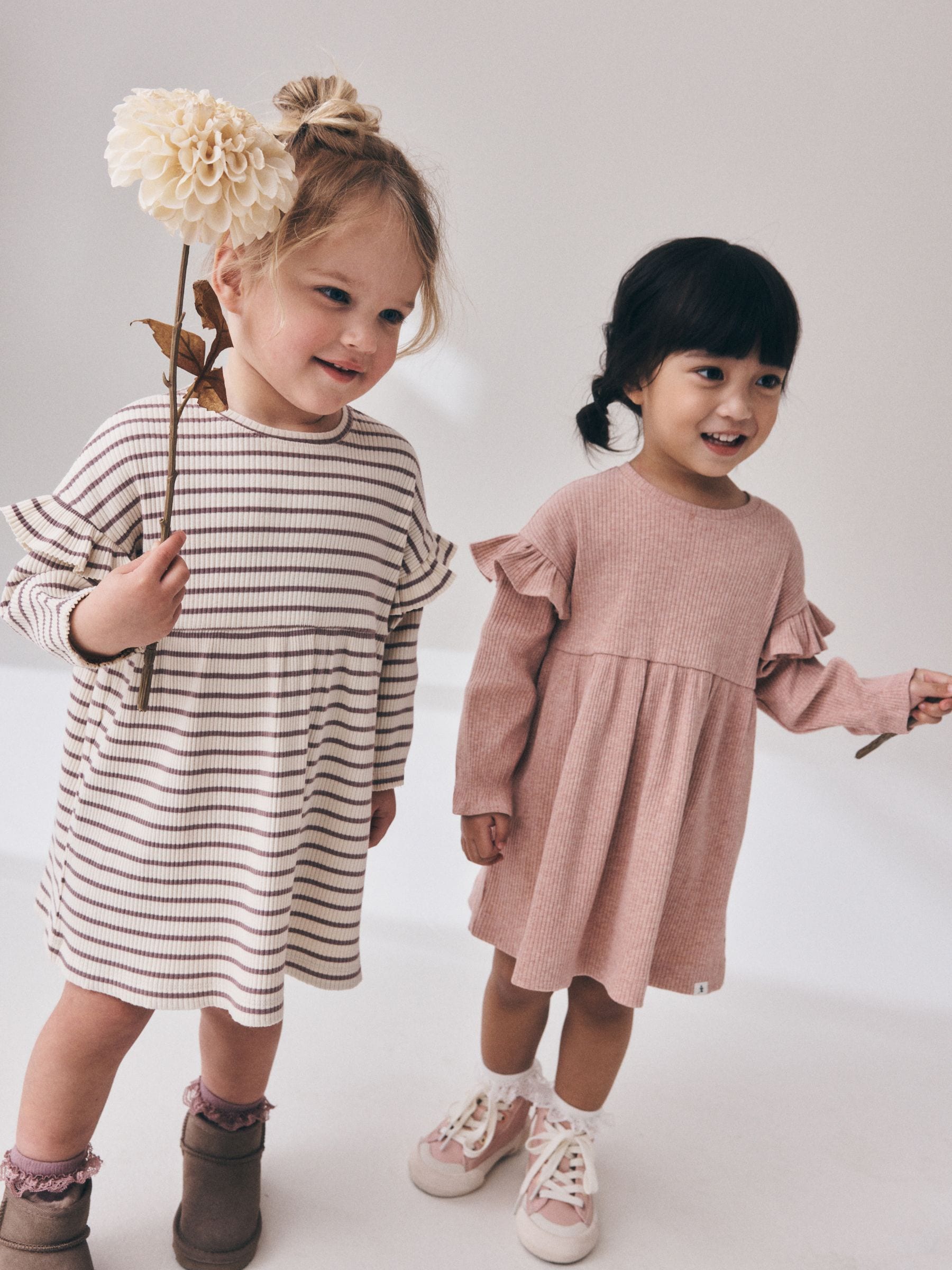 Dsiney Kidz - Neutral Stripe/Pale Pink Long Sleeve Frill Sleeve Ribbed Dresses 2 Pack (3mths-7yrs) image 2