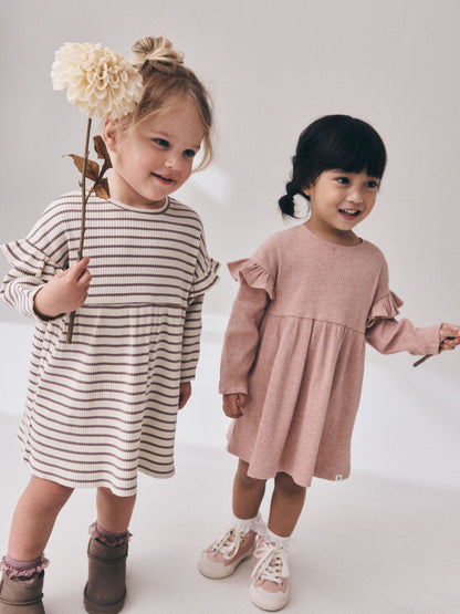 Dsiney Kidz - Neutral Stripe/Pale Pink Long Sleeve Frill Sleeve Ribbed Dresses 2 Pack (3mths-7yrs) image 2