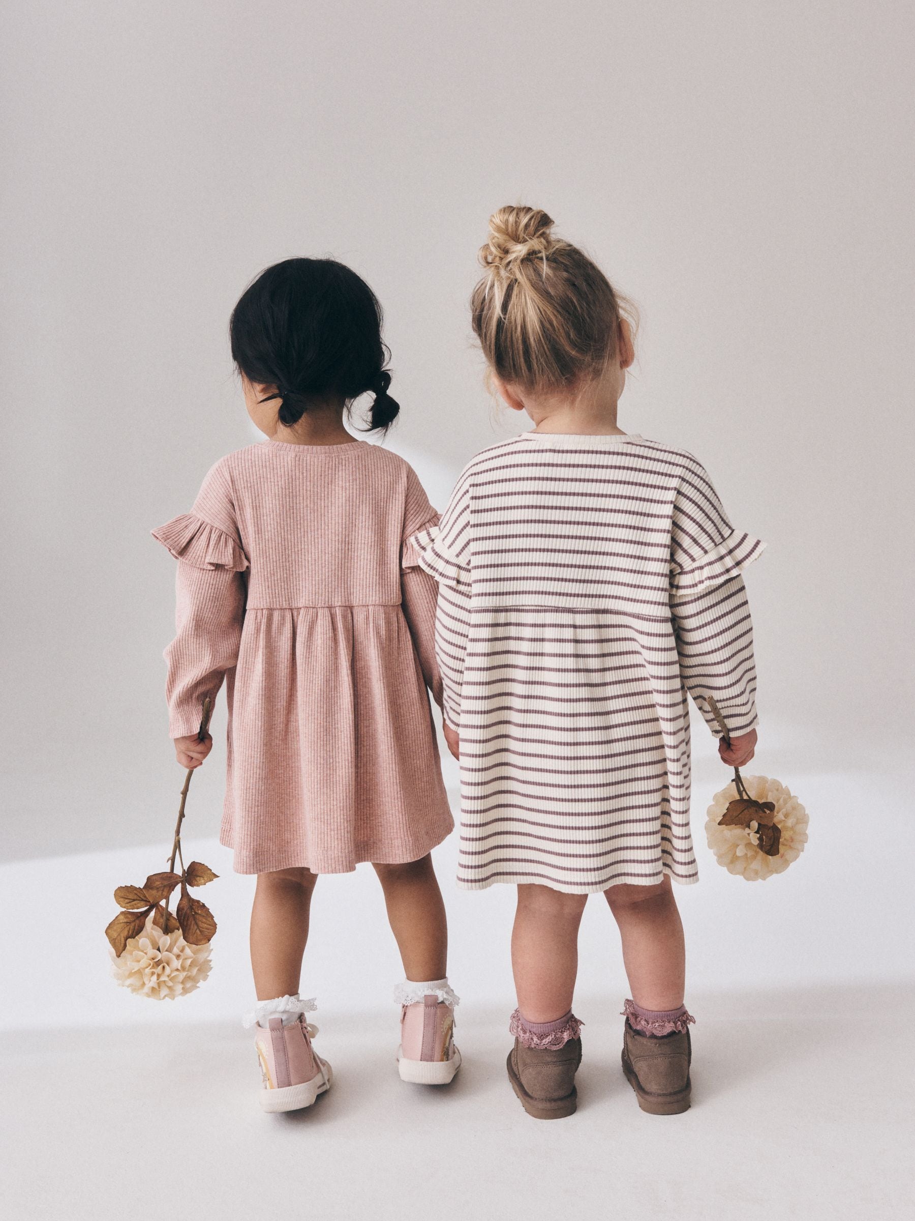 Dsiney Kidz - Neutral Stripe/Pale Pink Long Sleeve Frill Sleeve Ribbed Dresses 2 Pack (3mths-7yrs) image 3