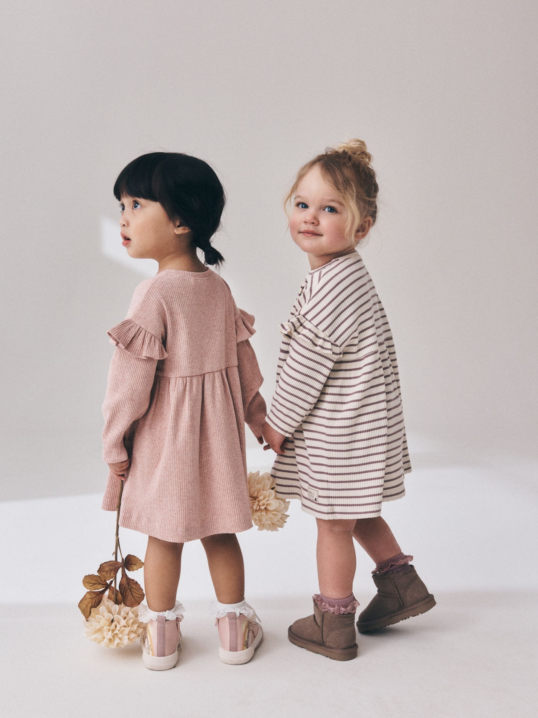 Dsiney Kidz - Neutral Stripe/Pale Pink Long Sleeve Frill Sleeve Ribbed Dresses 2 Pack (3mths-7yrs) image 4