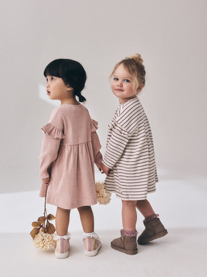 Dsiney Kidz - Neutral Stripe/Pale Pink Long Sleeve Frill Sleeve Ribbed Dresses 2 Pack (3mths-7yrs) image 4