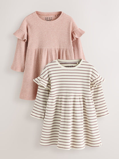 Dsiney Kidz - Neutral Stripe/Pale Pink Long Sleeve Frill Sleeve Ribbed Dresses 2 Pack (3mths-7yrs) image 5