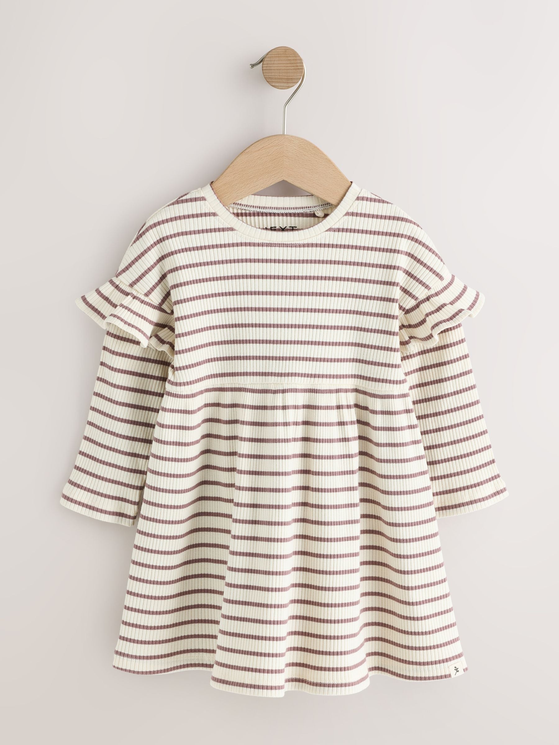 Dsiney Kidz - Neutral Stripe/Pale Pink Long Sleeve Frill Sleeve Ribbed Dresses 2 Pack (3mths-7yrs) image 6