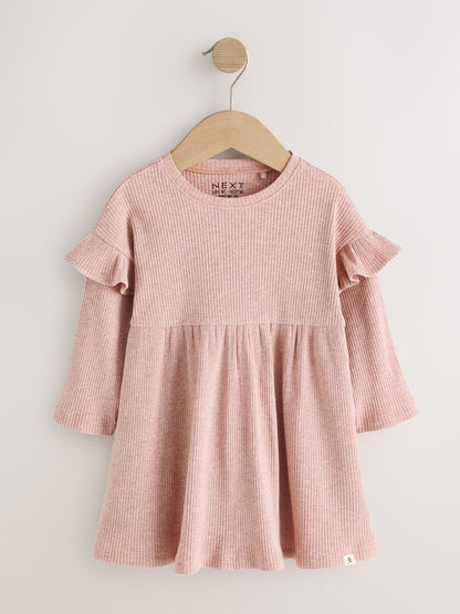 Dsiney Kidz - Neutral Stripe/Pale Pink Long Sleeve Frill Sleeve Ribbed Dresses 2 Pack (3mths-7yrs) image 7