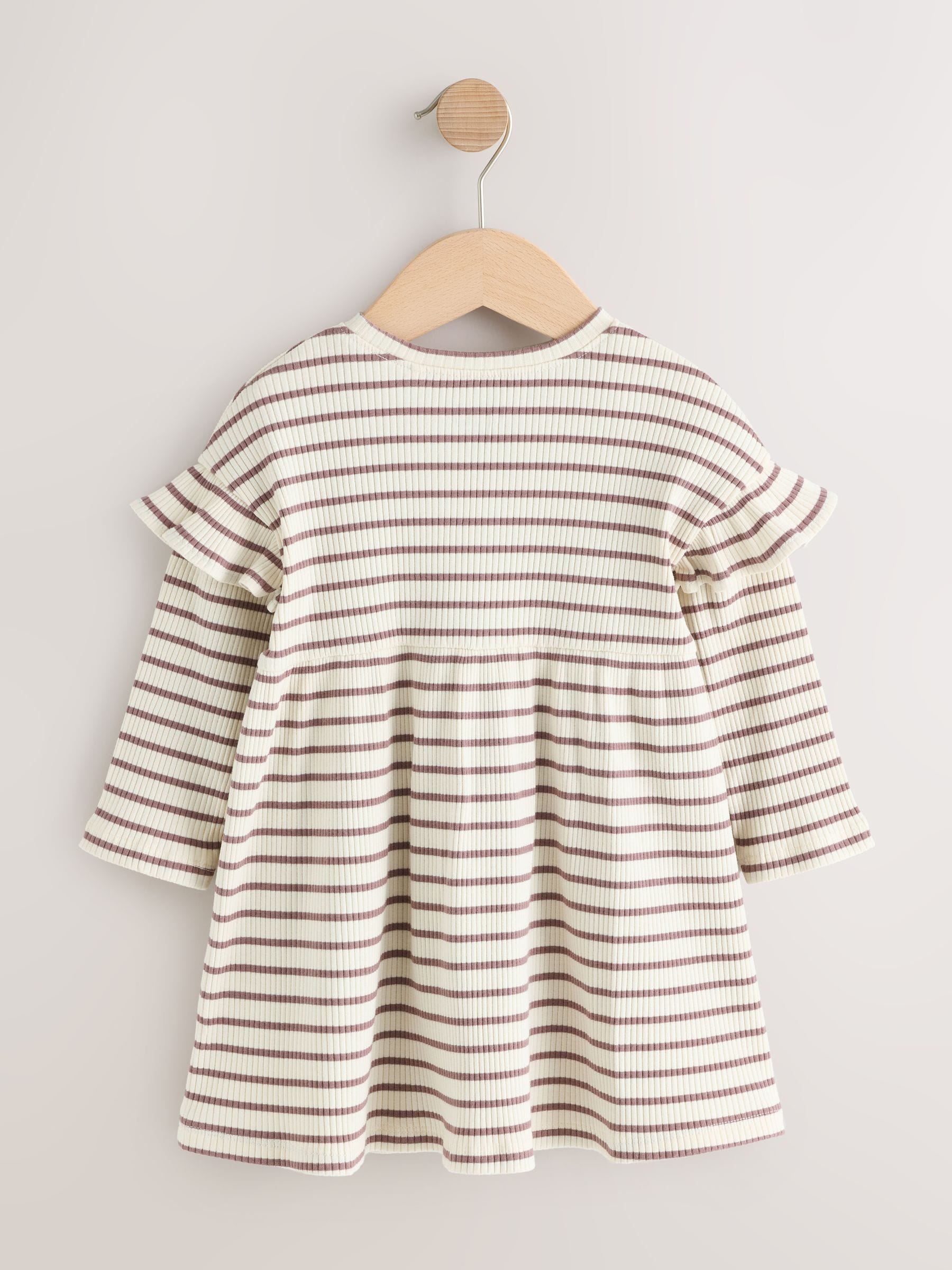 Dsiney Kidz - Neutral Stripe/Pale Pink Long Sleeve Frill Sleeve Ribbed Dresses 2 Pack (3mths-7yrs) image 8