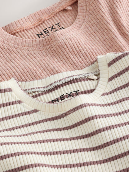 Dsiney Kidz - Neutral Stripe/Pale Pink Long Sleeve Frill Sleeve Ribbed Dresses 2 Pack (3mths-7yrs) image 9