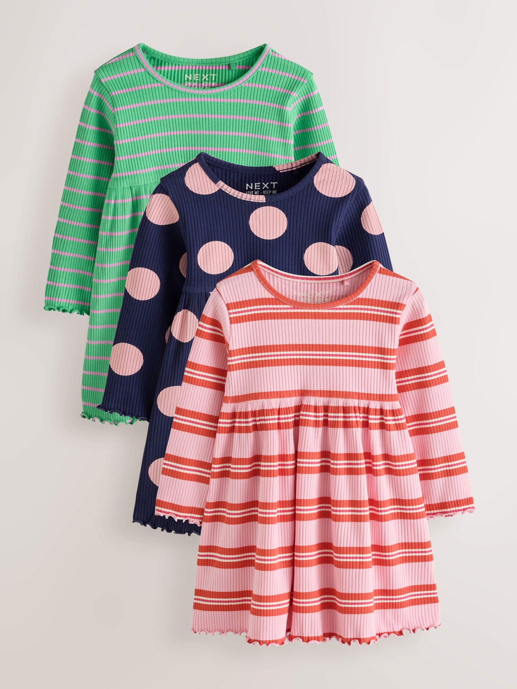 Dsiney Kidz - Green Stripe/Navy Spot/Red Stripe Long Sleeve Ribbed Dresses 3 Pack (3mths-7yrs) image 1