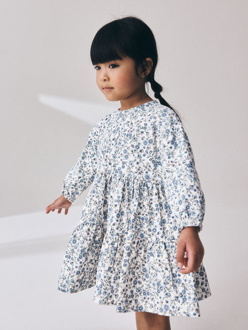 Dsiney Kidz - Ecru Blue Ditsy Long Sleeve Tiered Dress (3mths-7yrs) image 1