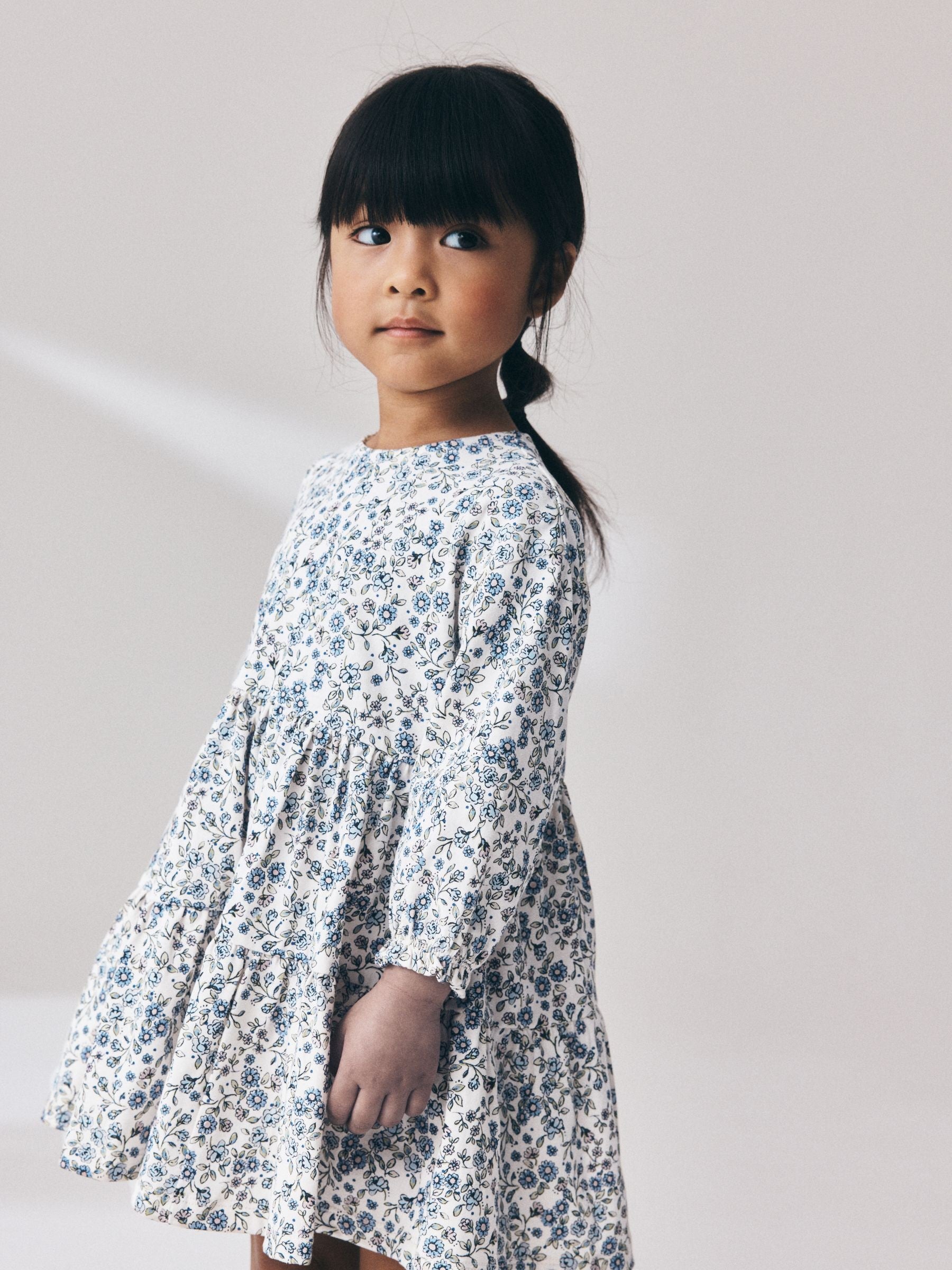 Ecru Blue Ditsy Long Sleeve Tiered Dress (3mths-7yrs) image 3