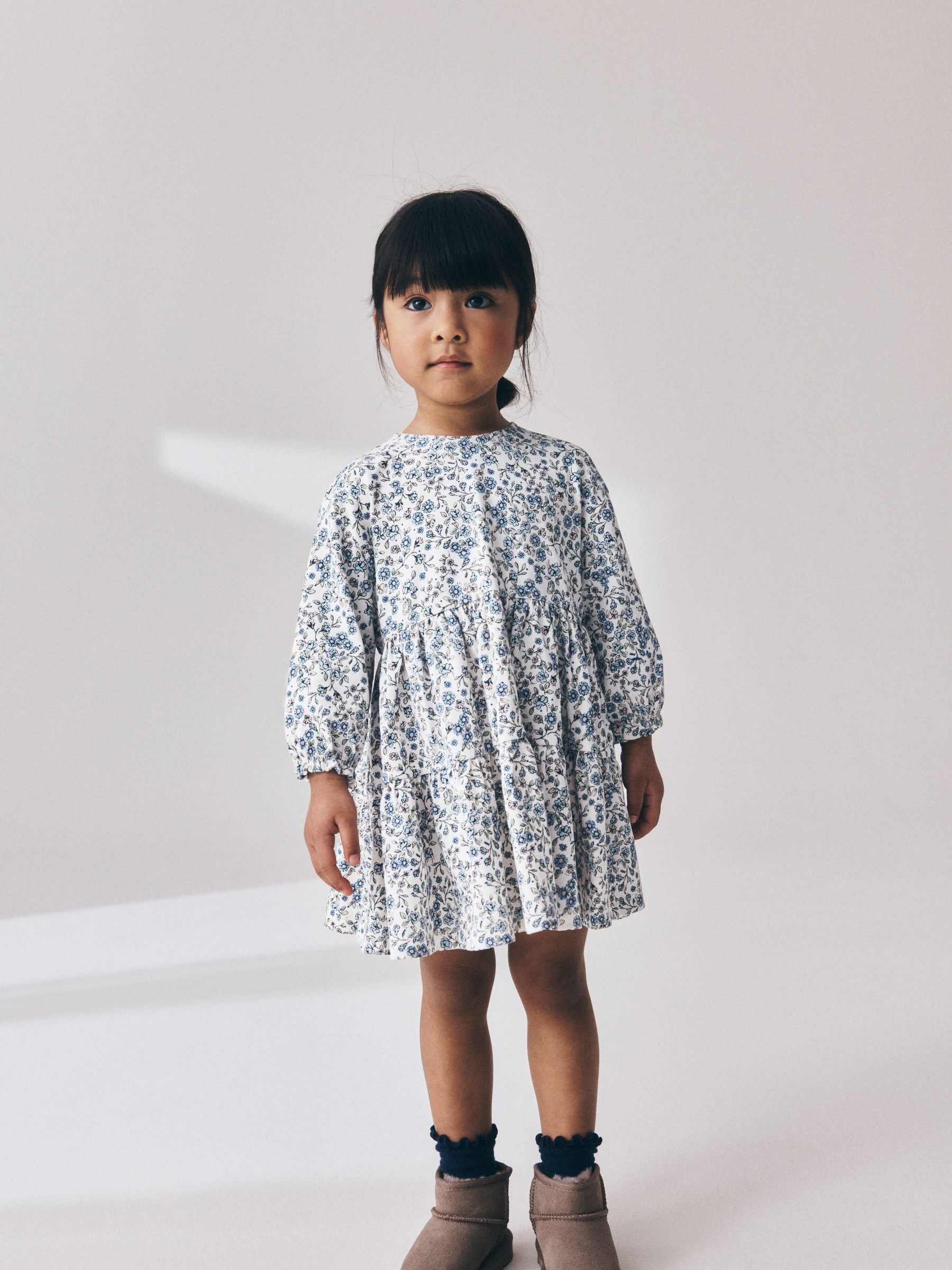 Ecru Blue Ditsy Long Sleeve Tiered Dress (3mths-7yrs) image 4