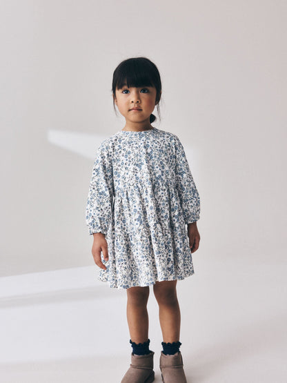 Ecru Blue Ditsy Long Sleeve Tiered Dress (3mths-7yrs) image 4