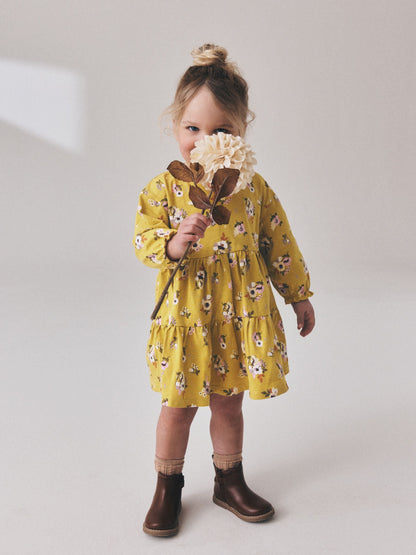 Ochre Yellow Floral Long Sleeve Tiered Dress (3mths-7yrs) image 1