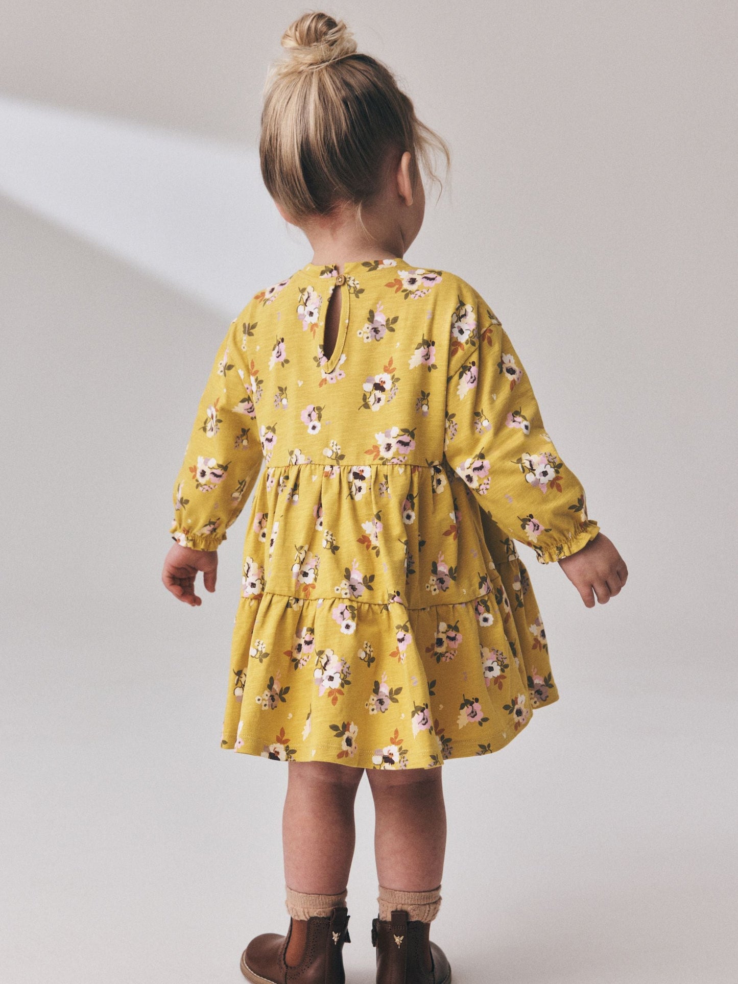 Ochre Yellow Floral Long Sleeve Tiered Dress (3mths-7yrs) image 3