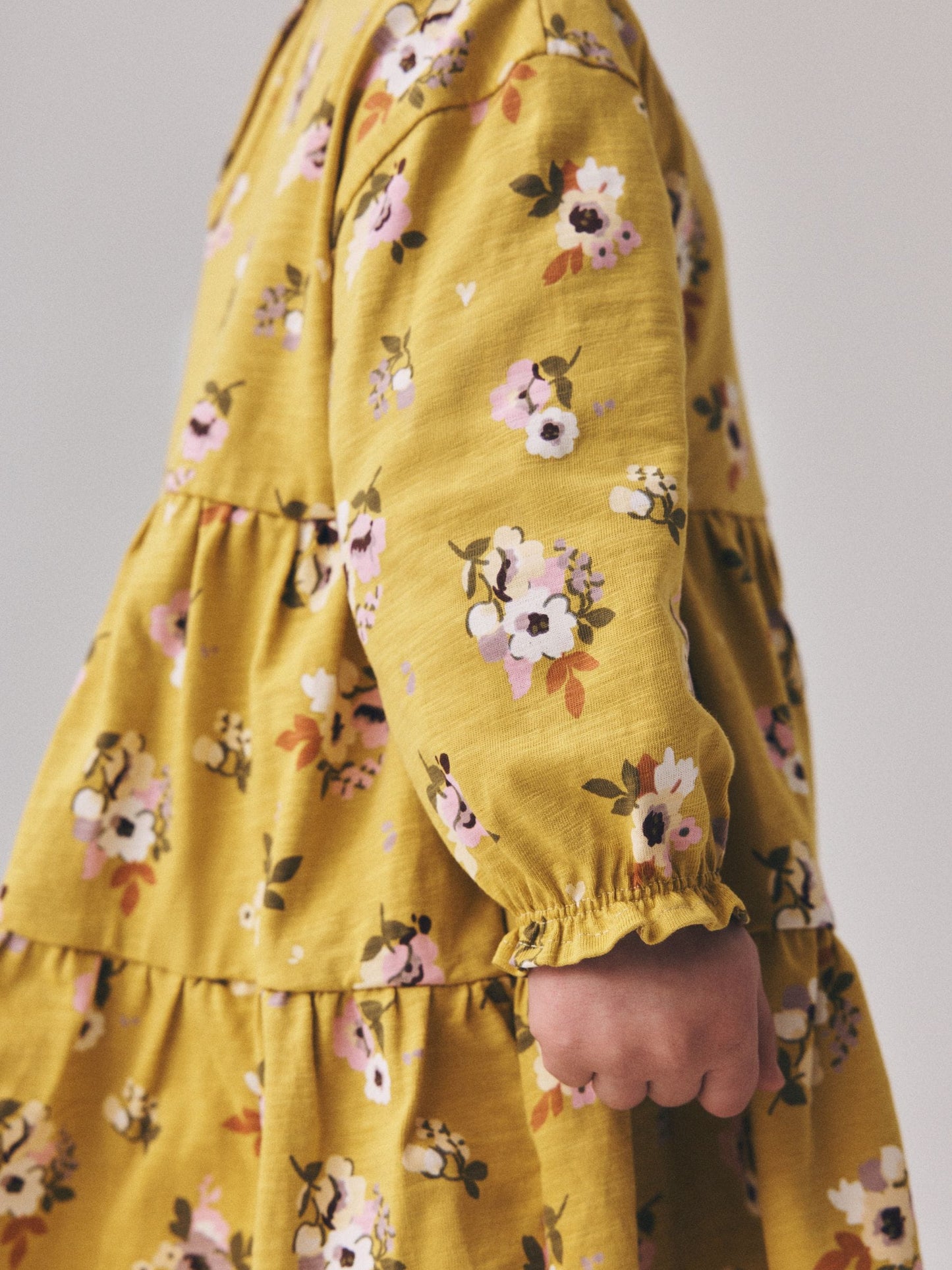 Ochre Yellow Floral Long Sleeve Tiered Dress (3mths-7yrs) image 4