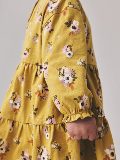 Ochre Yellow Floral Long Sleeve Tiered Dress (3mths-7yrs) image 4