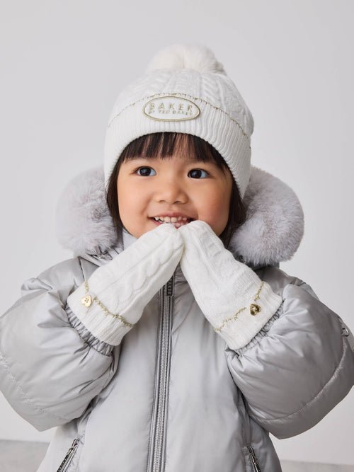 Dsiney Kidz - Baker by Ted Baker Ivory Cable Knit Heart Hat and Mittens Set image 1