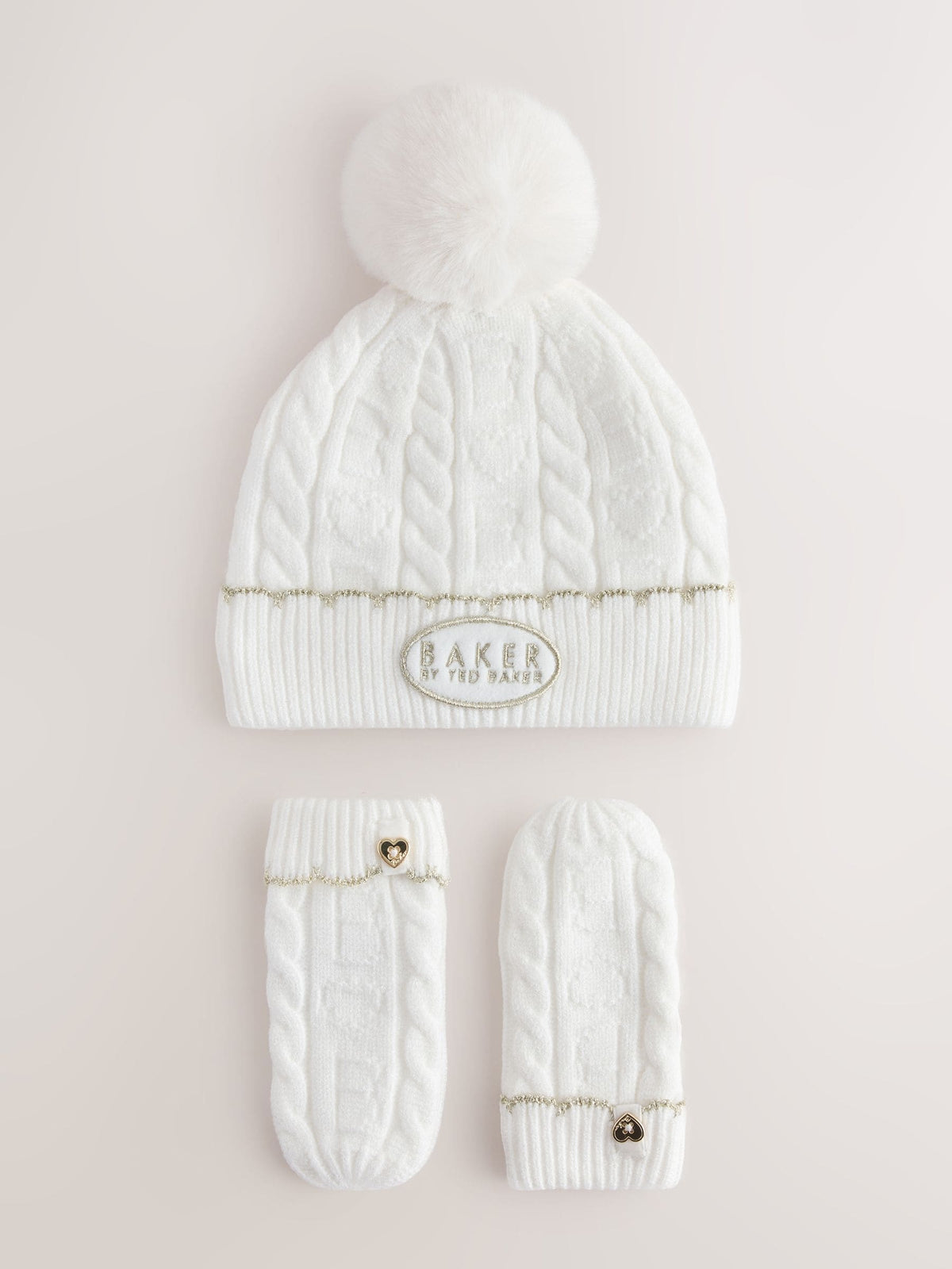 Dsiney Kidz - Baker by Ted Baker Ivory Cable Knit Heart Hat and Mittens Set image 4