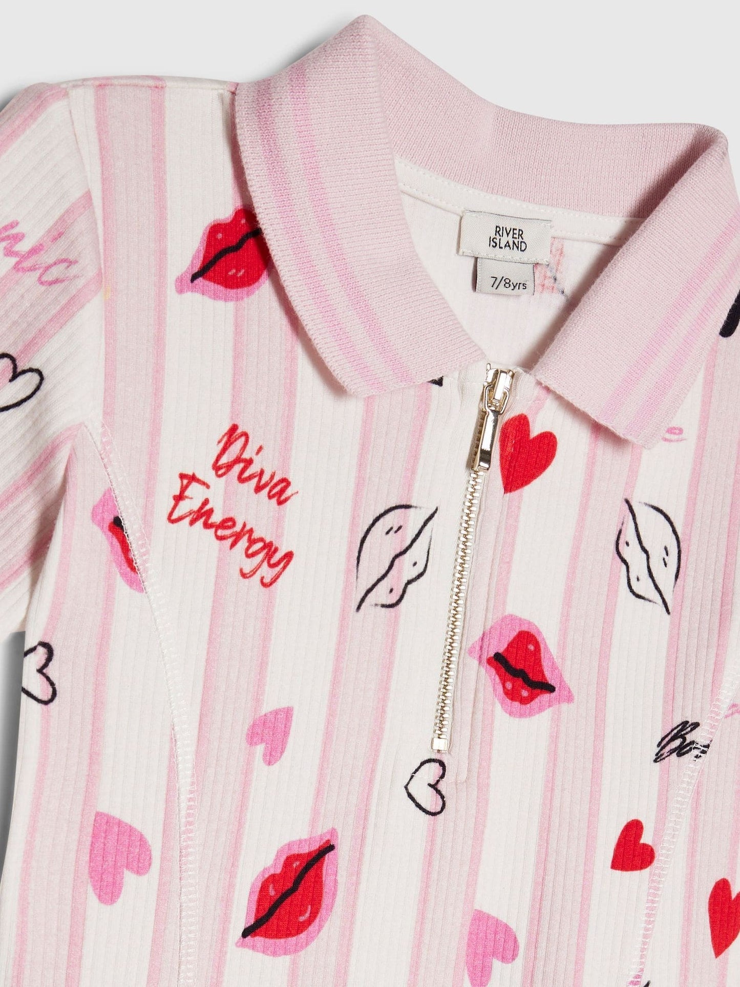 River Island Pink Stripe Lip & Hearts Print Polo Dress image 4