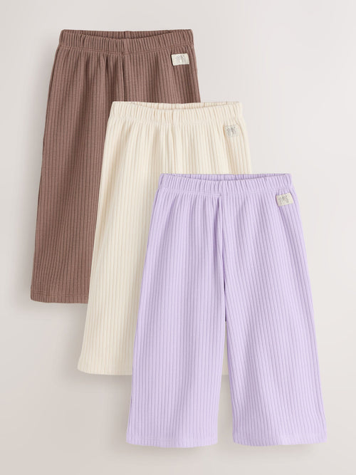 Dsiney Kidz - Neutral/Lilac Ribbed Wide Leg Trousers 3 Pack (3mths-7yrs) image 1