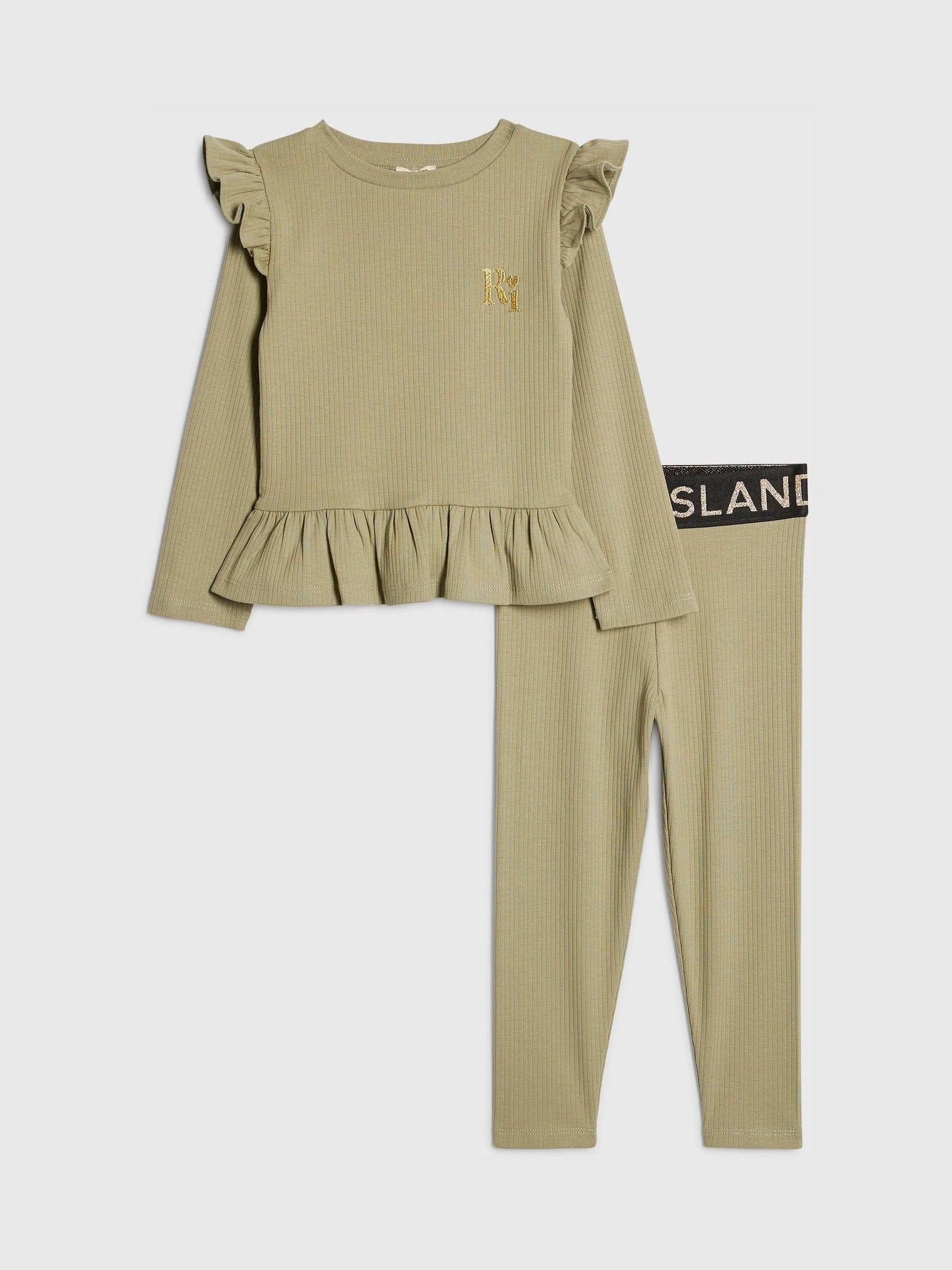 River Island Green Frill Rib Top & Waistband Leggings Set image 1