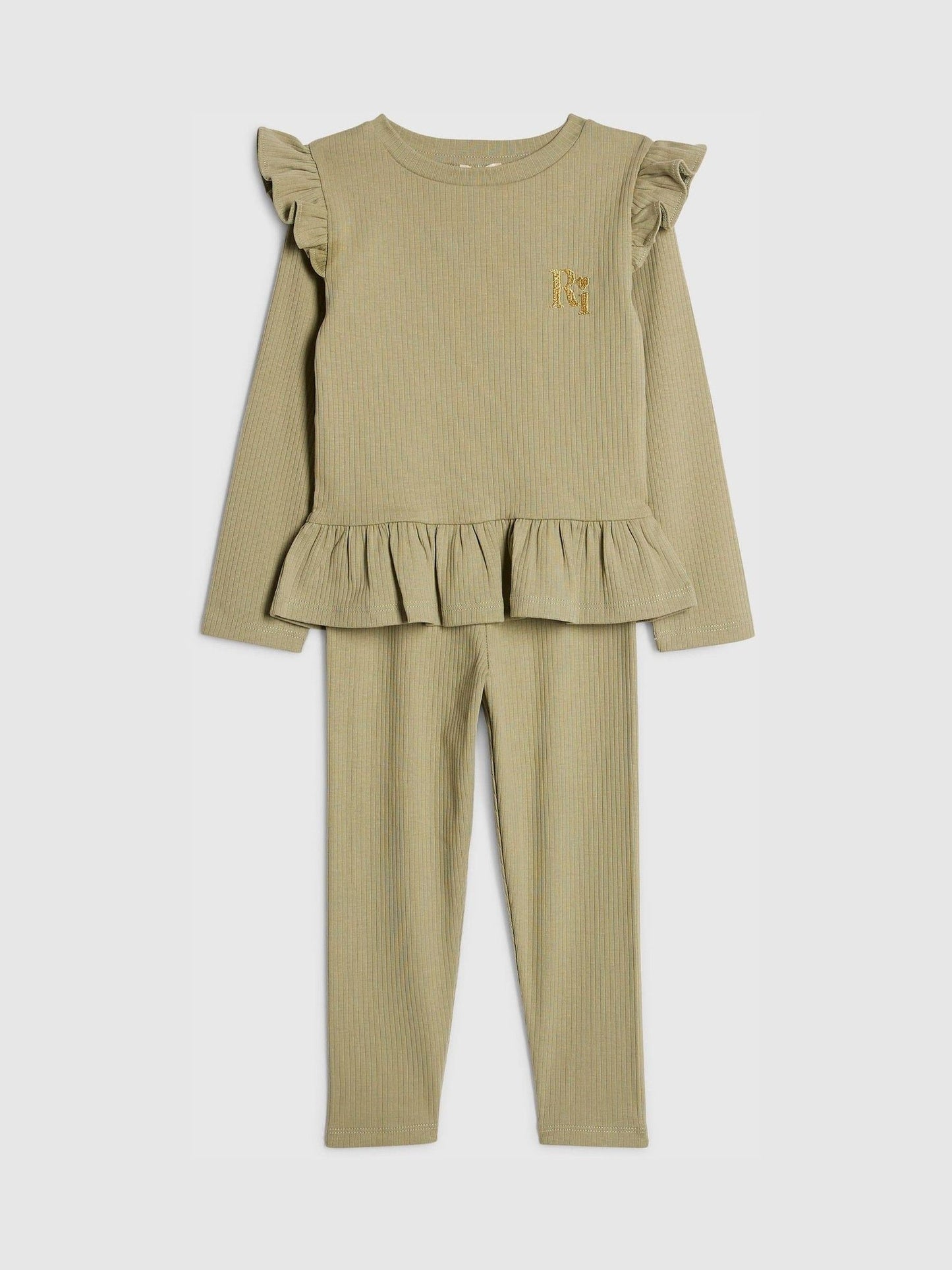 River Island Green Frill Rib Top & Waistband Leggings Set image 2