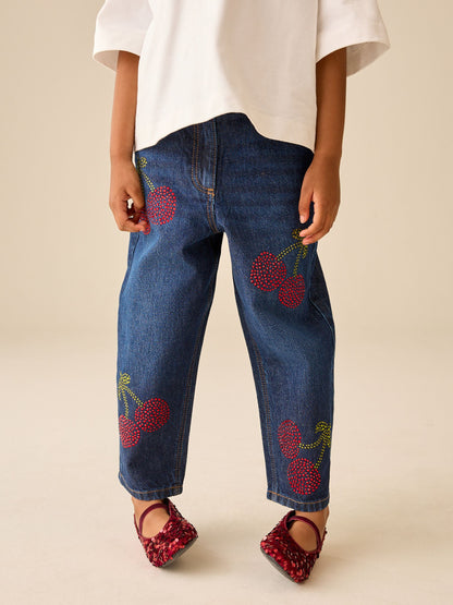 Dark Wash Diamante Cherries Barrel Jeans (3-16yrs) - image 2