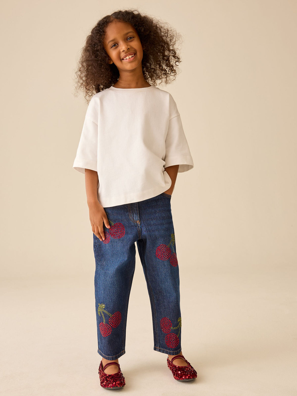 Dark Wash Diamante Cherries Barrel Jeans (3-16yrs) - image 3