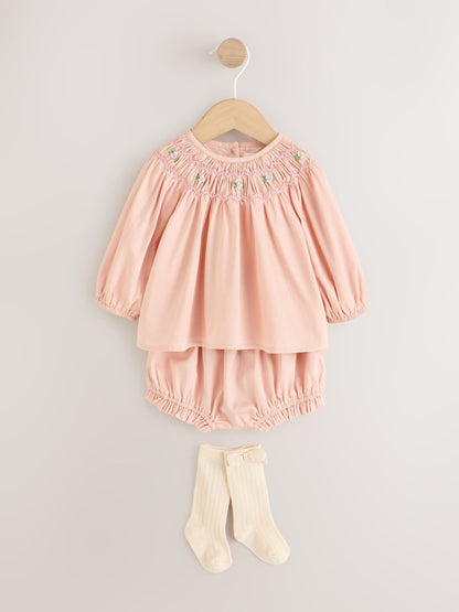 Pink Smock Woven Top, Shorts and Socks Baby Set 2 Piece (0mths-2yrs) image 1