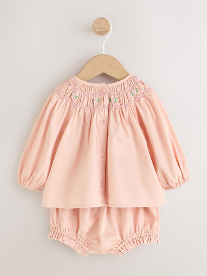 Pink Smock Woven Top, Shorts and Socks Baby Set 2 Piece (0mths-2yrs) image 2