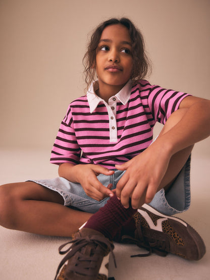 Dsiney Kidz - Pink Stripe Short Sleeve Rugby Top (3-16yrs) image 1